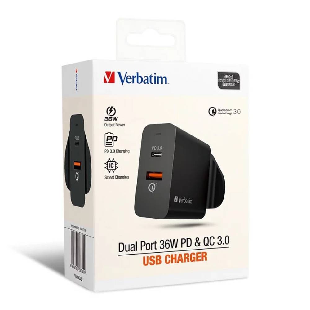 Dual Port 36W PD & QC 3.0 USB充電器丨雙端口丨黑色丨Verbatim丨中國製造丨66390