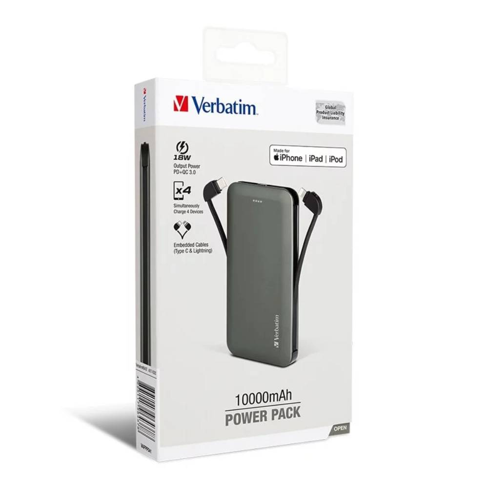 10000mAh PD & QC 3.0 流動充電池丨連嵌入式充電線丨蘋果認證丨Verbatim丨中國製造丨66437