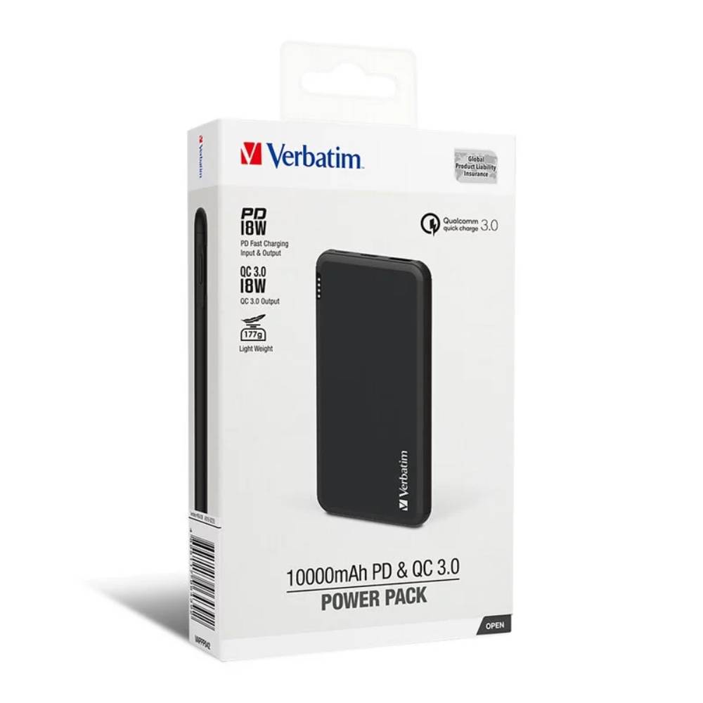 10000mAh PD & QC 3.0 流動充電池丨超輕特薄丨黑色丨Verbatim丨66439