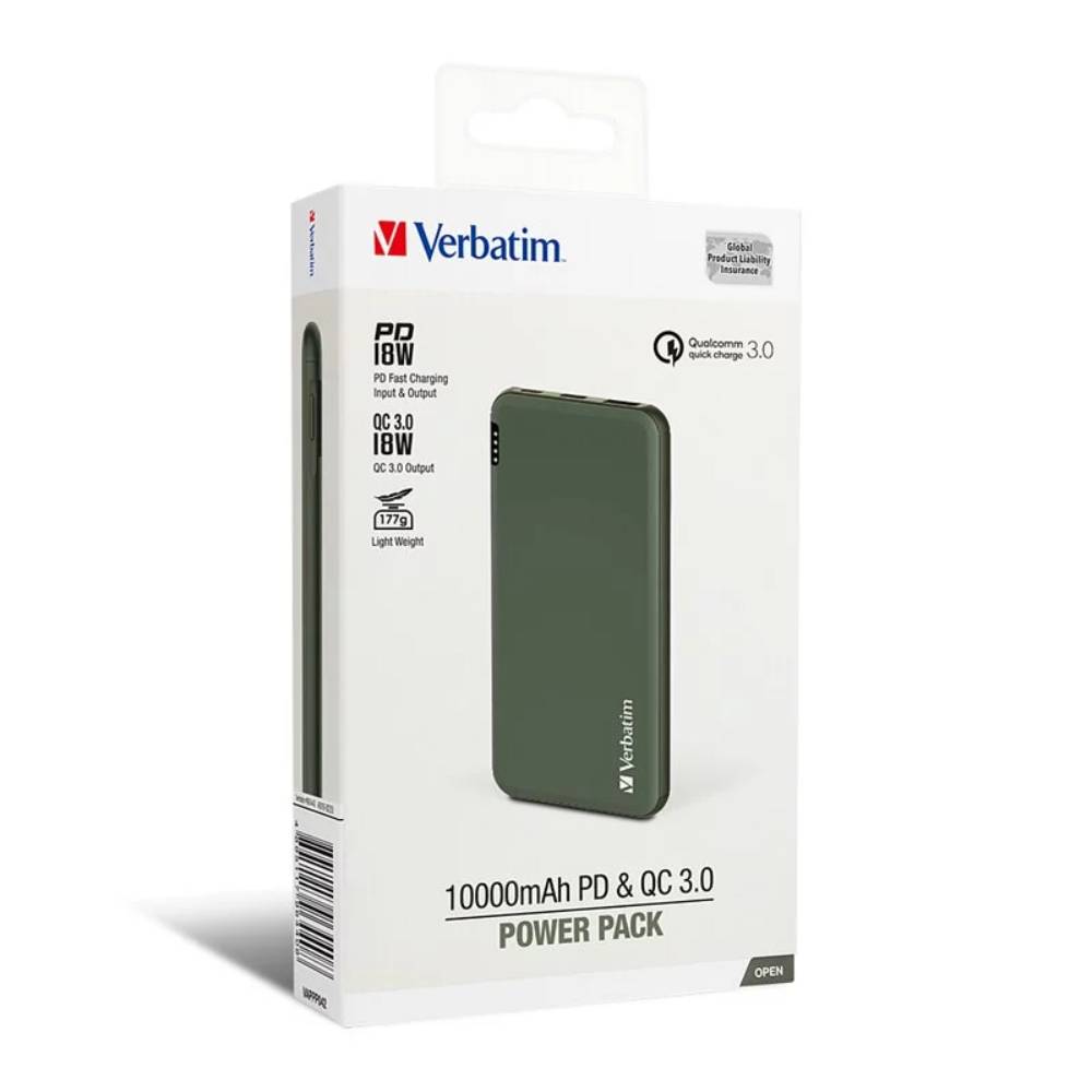 10000mAh PD & QC 3.0 流動充電池丨超輕特薄丨綠色丨Verbatim丨66440
