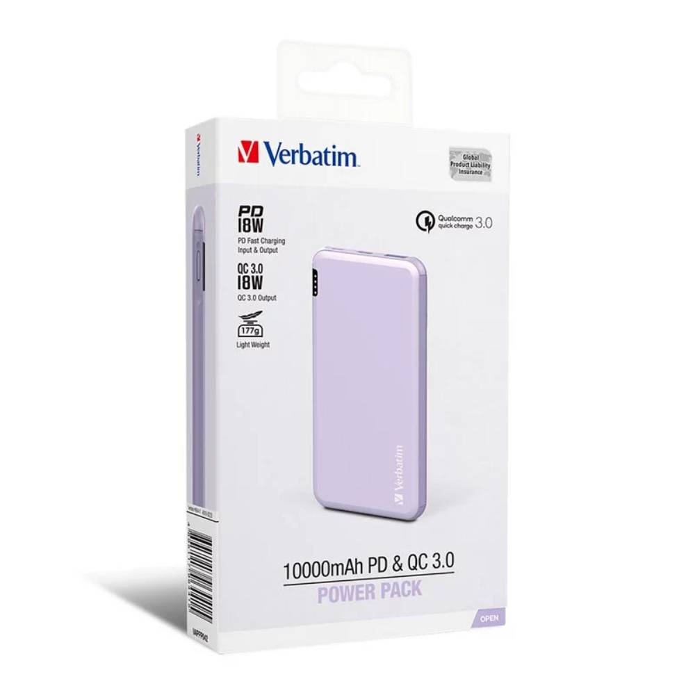 10000mAh PD & QC 3.0 流動充電池丨超輕特薄丨紫色丨Verbatim丨66441