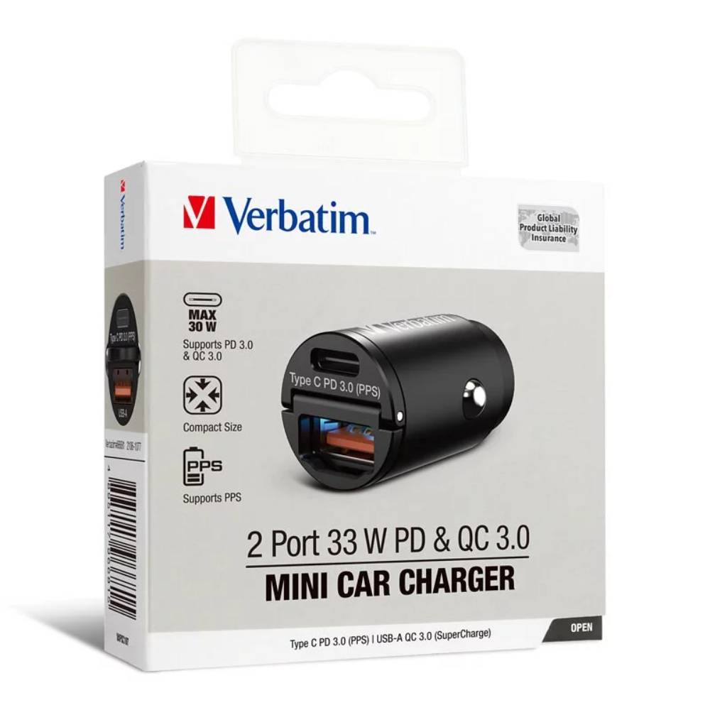 雙端口丨33W PD & QC 3.0丨迷你汽車充電器丨車充丨Verbatim丨中國製造丨66681