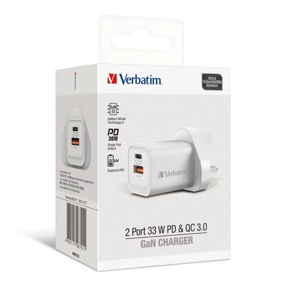 2 Port 33W PD & QC 3.0 GaN充電器丨雙端口丨白色丨Verbatim丨中國製造丨66791