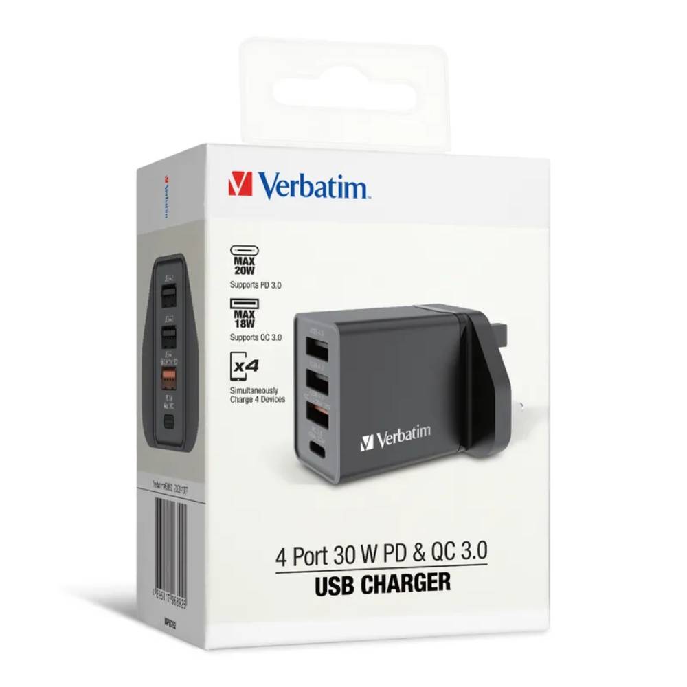4端口 30W PD & QC 3.0 USB 充電器丨黑色丨Verbatim丨中國製造丨66892