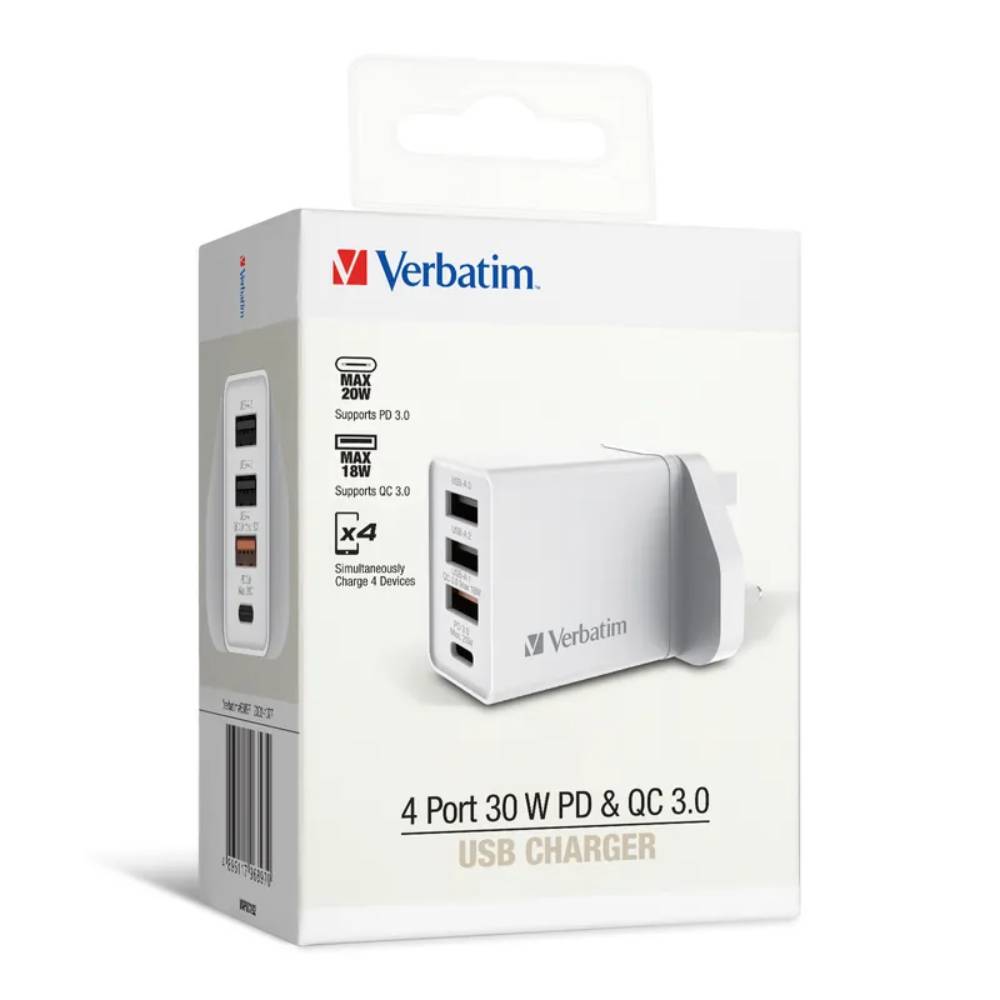 4端口 30W PD & QC 3.0 USB 充電器丨白色丨Verbatim丨中國製造丨66897